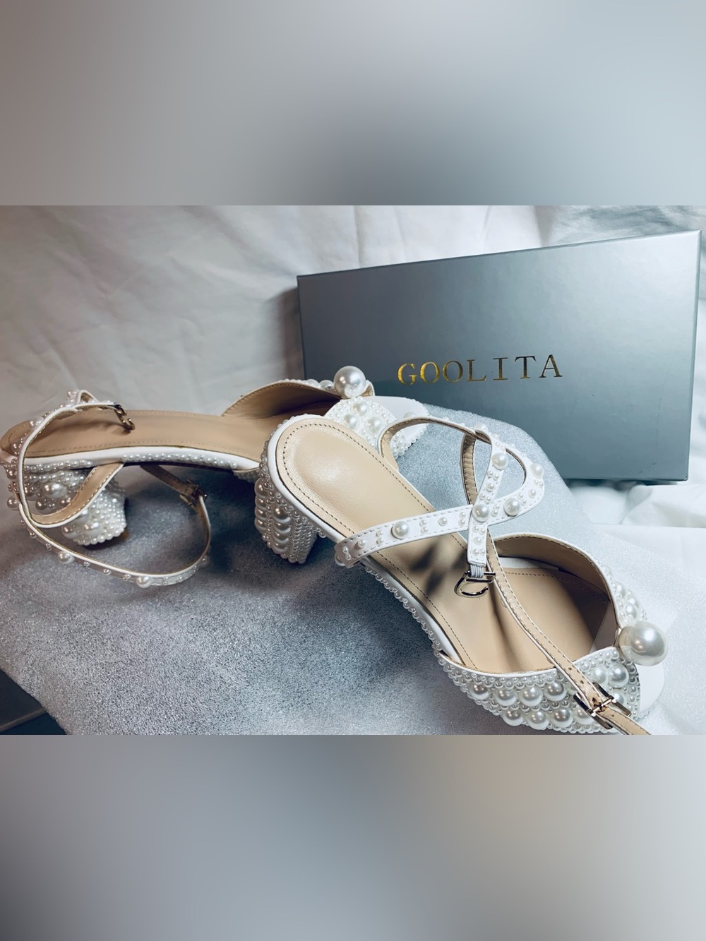 Goolita Pearl Embellished Bridal Block Heels White EU 40